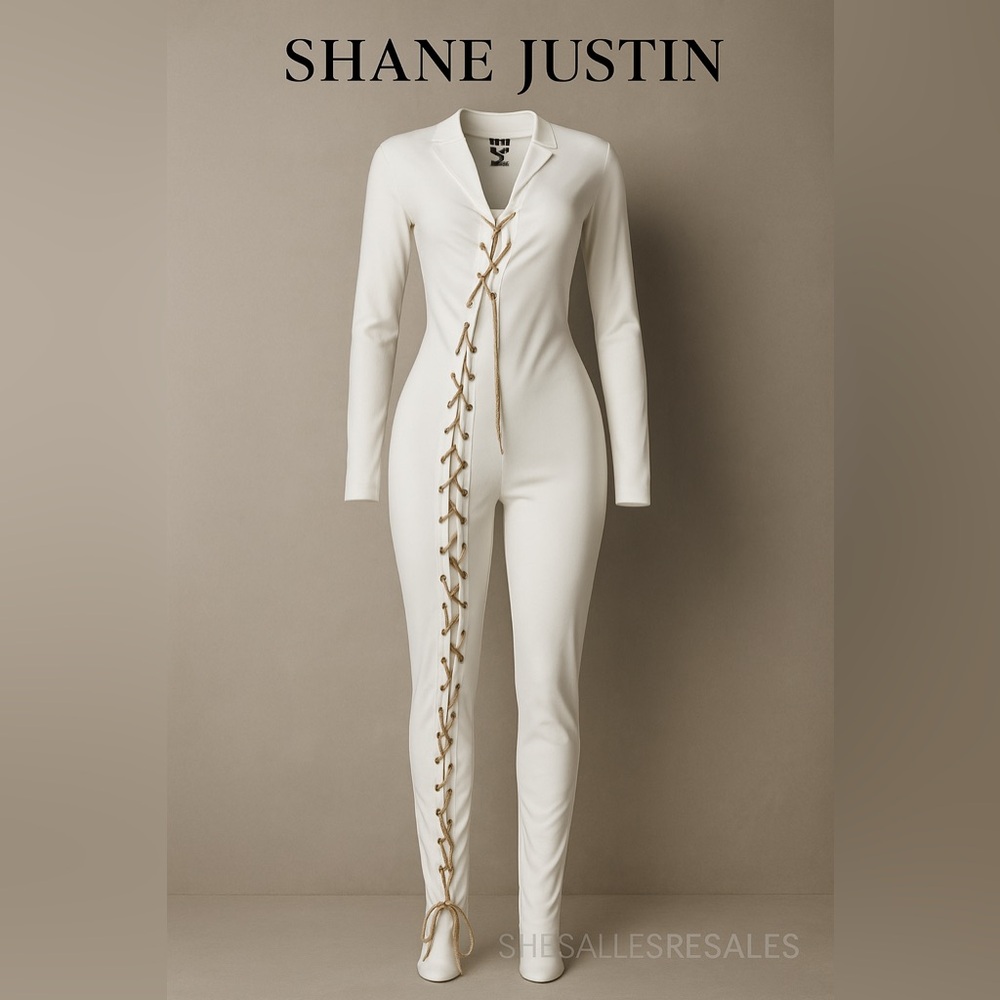 Shane Justin White Ribbed Jumpsuit XL Gold Chain Lace-Up One-Piece Catsuit Rare